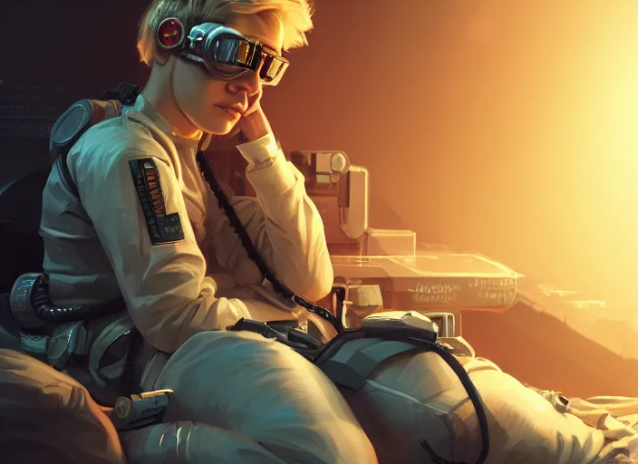 Prompt: highly detailed digital art, stoic heroic awkward brilliant female blond butch woman engineer with short hair, laying on bed, sad, grieving, wearing round dark goggles, on the nostromo, cg society, artstation, octane render, comic book