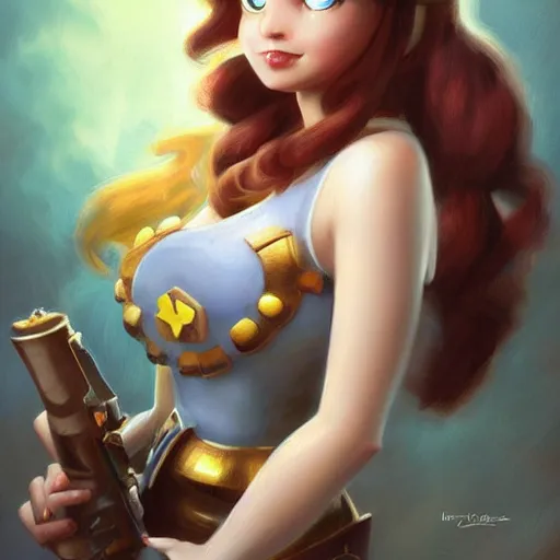 Image similar to princess daisy from super mario as realistic cute brunette human character art portrait, matte fantasy painting, deviantart artstation, by jason felix by steve argyle by tyler jacobson by peter mohrbacher, cinema c 9. 0