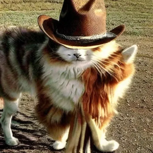 Image similar to siberian cat in a cowboy hat riding a corgi, wild west, sunset. no dude, for real, i want a siberian felis catus wearing a cowboy hat, riding a corgi canis. i dont want any cat hybrids, dogs ruding dogs or girls!!!!