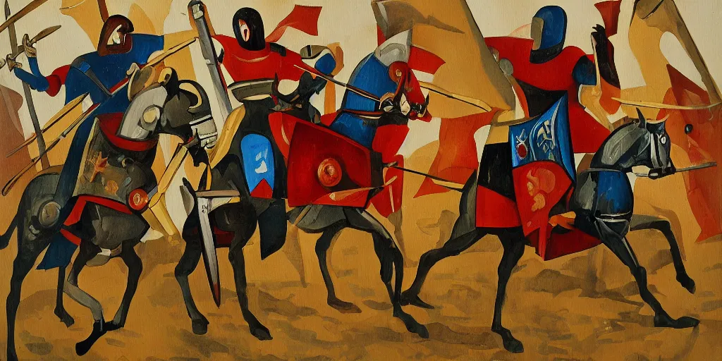 Prompt: futurism style painting of medieval knights jousting