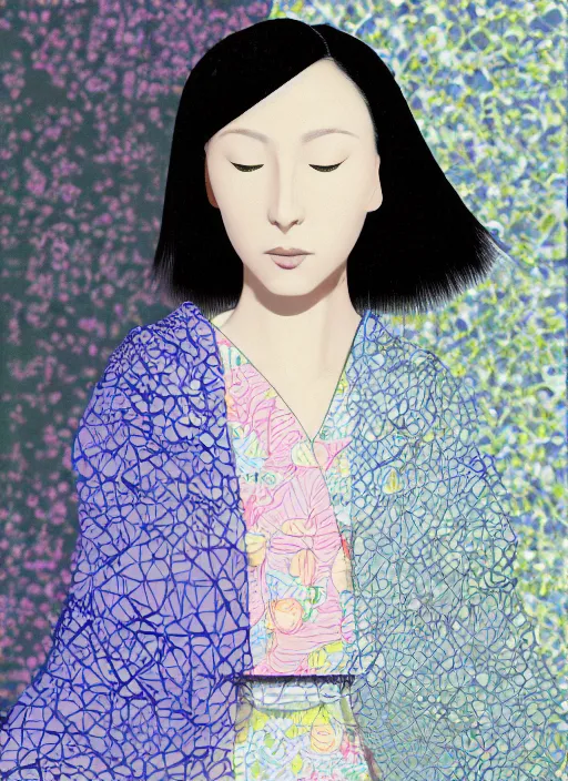 Prompt: a digital portrait of a japanese girl detailed features wearing a kimono latex suit wedding dress - synthetic materials, by balenciaga and issey miyake by ichiro tanida and mitsuo katsui