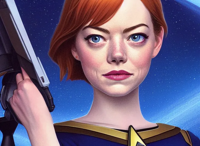 Image similar to a disney film still of emma stone as a star trek officer, finely detailed features, closeup of the face, perfect art, dusk, blue hour, gapmoe yandere grimdark, trending on pixiv fanbox, painted by greg rutkowski, makoto shinkai, takashi takeuchi, alphonse mucha, akihiko yoshida