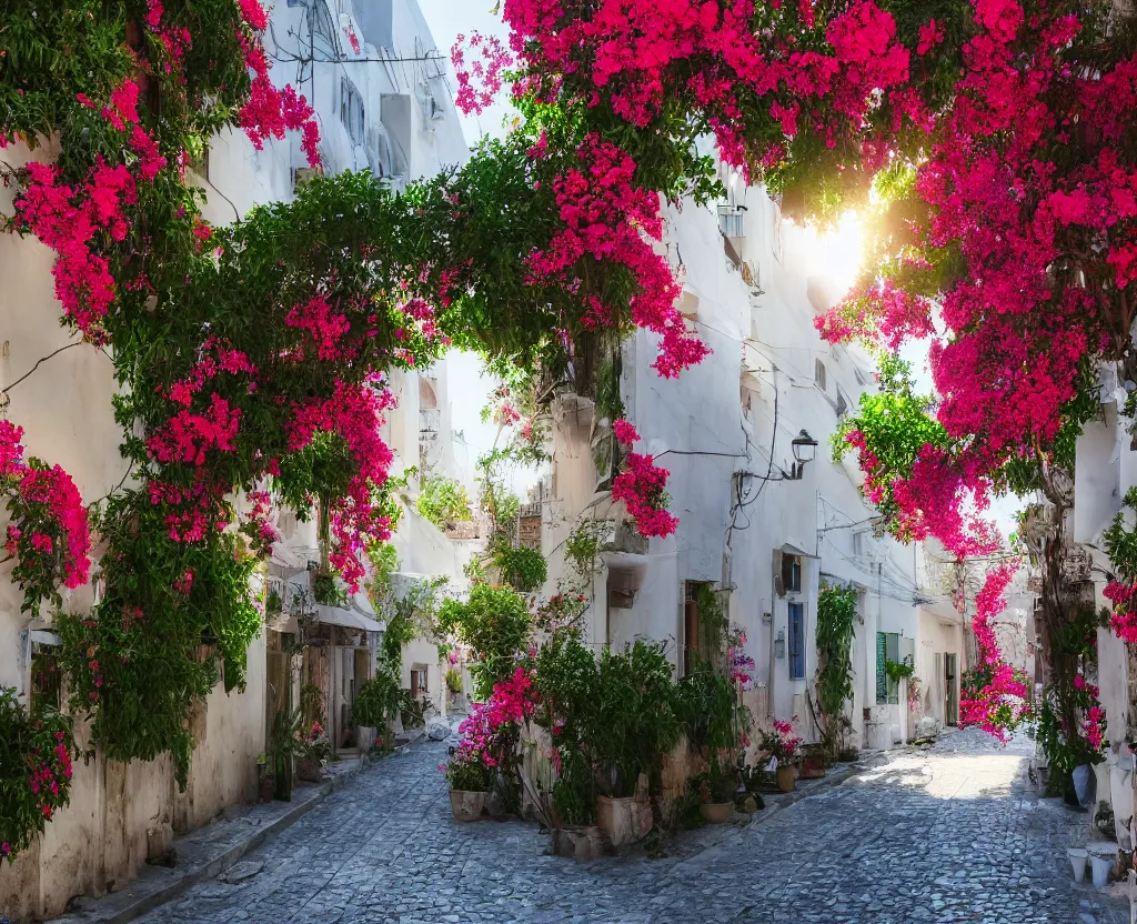 Image similar to a very beautiful scene, ambient occlusion render. small street in tel aviv, sunlight, bougainvillea, hyperrealistic, 4 k. wide angle. wild. deep focus, lovely scene. concept art. unreal engine.