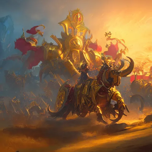 Image similar to a golden battle chariots, yellow magic theme, bright art masterpiece artstation. 8 k, sharp high quality artwork in style of jose daniel cabrera pena and greg rutkowski, concept art by tooth wu, blizzard warcraft artwork, hearthstone card game artwork, cart wheels