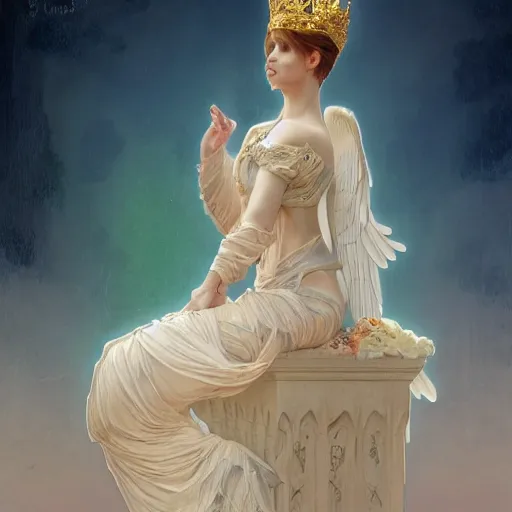 Image similar to Sitting angel girl that holding crown in hands, highly detailed, digital painting, artstation, concept art, smooth, sharp focus, illustration, ArtStation, Daz Studio, art by artgerm and greg rutkowski and alphonse mucha and J. C. Leyendecker and Edmund Blair Leighton and Katsuhiro Otomo and Geof Darrow and Phil hale and Ashley wood and Ilya repin and Charlie Bowate