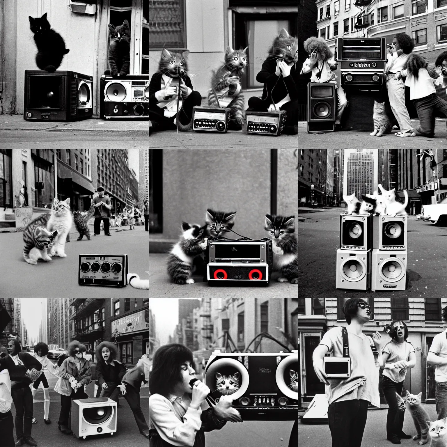 Prompt: A color photo of kittens beatboxing with a large boombox at a street, New York city, 1973. High quality, high resolution