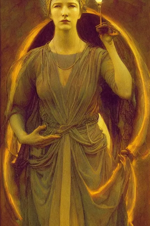 Image similar to queen of the fog with her lantern by Annie Swynnerton and Nicholas Roerich and jean delville, strong dramatic cinematic lighting , ornate headdress , flowing robes, lost civilizations, smooth, sharp focus, extremely detailed