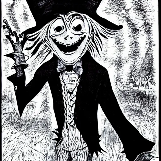 Prompt: a Pop Wonder scary horror themed goofy-hilarious-character Jack-Frost-Babadook-scarecrow-madhatter-williewonka-wearing a scarf, 3-piece-suit, dime-store-comic drawn with charcoal and pen and ink, half-tone-line-stacking