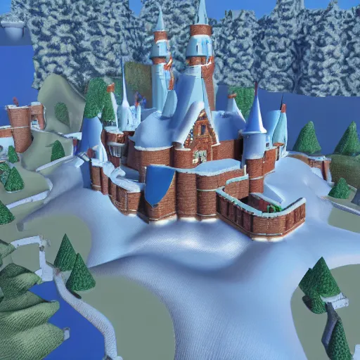 Prompt: 3D Mario 64 castle aerial view, 4k, 20% snow
