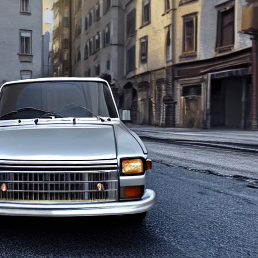 Prompt: cheap, silver paint sedan Lada priora car, broken front, front view, heavy grain, hyperrealistic render, daylight, ray tracing, street photo