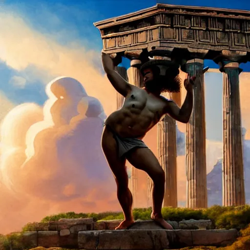 Image similar to tiny greek goddess in steel helmet standing on a giant greek bearded male head of Zeus, greek temple of olympus glory island, late afternoon light, wispy clouds in a blue sky, by frank lloyd wright and greg rutkowski and ruan jia