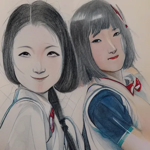 Image similar to a perfect, realistic professional concept sketch of two Japanese schoolgirls posing, in style of Marvel and DC, full length, by pen and watercolor, by a professional American senior artist on ArtStation, a high-quality hollywood-style sketch, on high-quality paper, 1980s