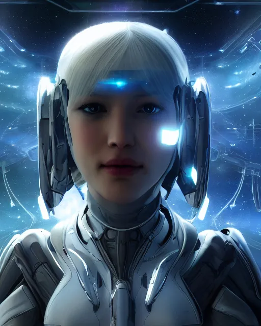 Image similar to photo of a android girl on a space ship, warframe armor, beautiful face, scifi, nebula reflections, futuristic background, dreamy, long white hair, blue android eyes, glowing, 8 k high definition, insanely detailed, intricate, innocent, art by akihiko yoshida, antilous chao, li zixin, woo kim