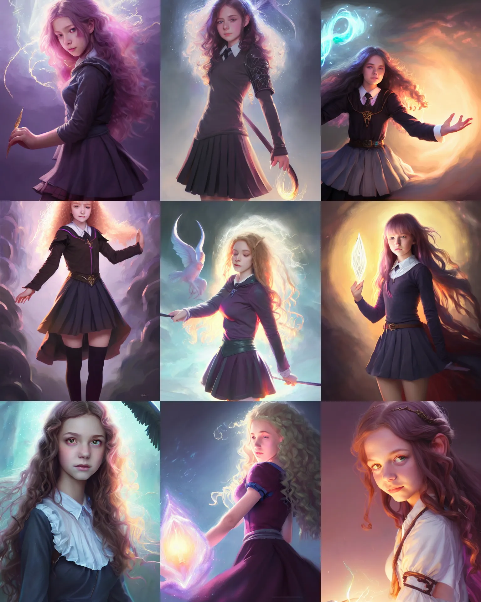 Prompt: realistic portrait of a innocent young teen girl, d&d magic fantasy, dark magical school student uniform, light curly hair, casting a bright large-scale magical spell around herself, overflowing energy, highly detailed, digital painting, trending on artstation, pixiv, concept art, sharp focus, illustration, art by Ross Tran and Greg Rutkowski and Walt Disney animation