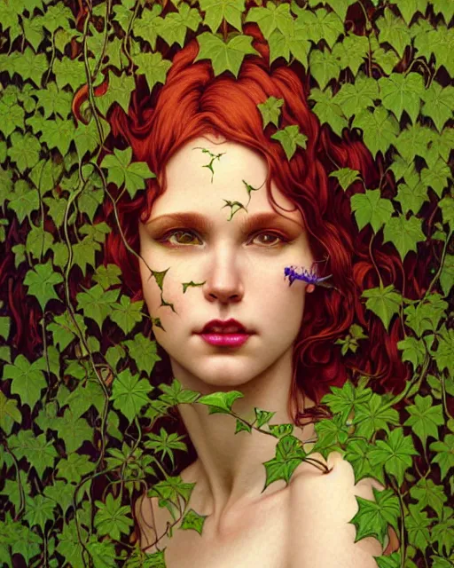 Image similar to closeup portrait the platonic ideal of flowers and vines, poison ivy, beautiful succubus, intricate, hyperrealism, intense, dmt, artgerm, moebius, greg rutkowski, maxfield parrish, dan mumford, moebius, alphonse mucha