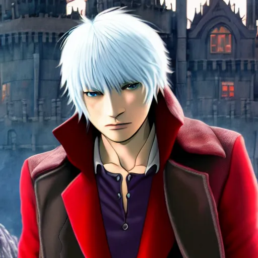 Image similar to a shot of dante from devil may cry in howl's moving castle movie, movie shot, anime, hightly detailed, rescalated 4 k, detailed, straight face, detailed face, artstation, deviantart, studio ghibli