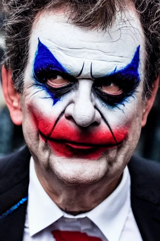 Prompt: Jean-Luc Mélenchon wearing Joker makeup in Joker (2019), 4k