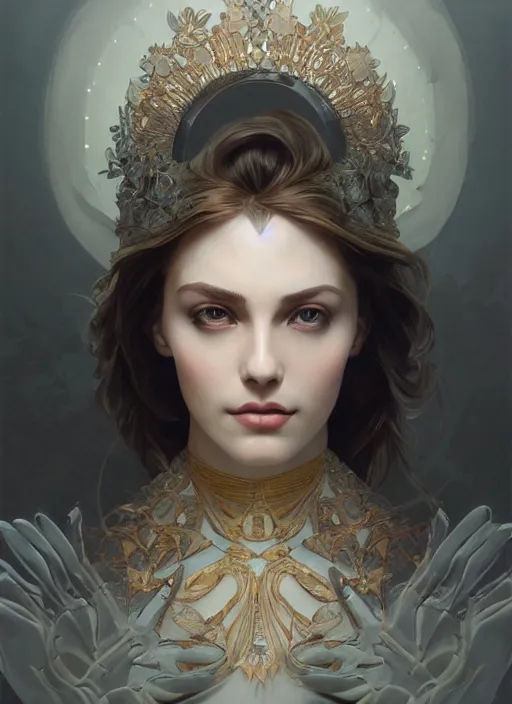 Image similar to symmetry!! sleeping beauty, machine parts embedded into face, intricate, elegant, highly detailed, digital painting, artstation, concept art, smooth, sharp focus, illustration, art by artgerm and greg rutkowski and alphonse mucha, 8 k