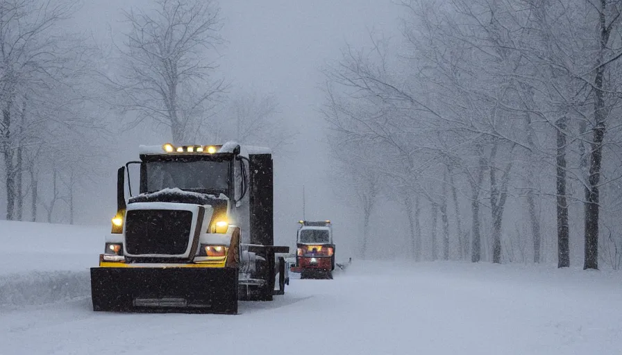 Image similar to snowplow covered by snow in beautiful winter landscape. fog, snowstorm, photorealistic rendering, octane, depth of field, blurry