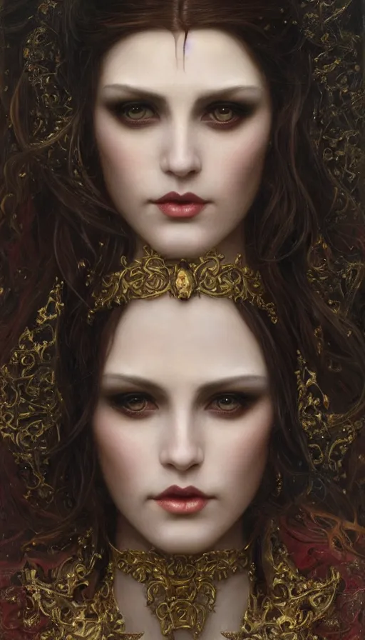 Image similar to Masterpiece painting of beautiful vampire princess close-up portrait by Donato Giancola and Tom Bagshaw, face by Artgerm and Edmund Leighton, golden ratio, trending on cgsociety, intricate, majestic, dark epic fantasy, trending on artstation, by H.R. Giger, background by James Jean and Gustav Klimt, 8k, volumetric Lighting, Hokusai, trending on pixiv