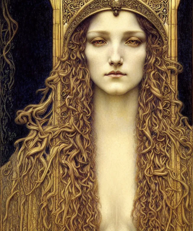 Image similar to detailed realistic beautiful young medieval queen face portrait by jean delville, gustave dore and marco mazzoni, art nouveau, symbolist, visionary, gothic, pre - raphaelite. horizontal symmetry