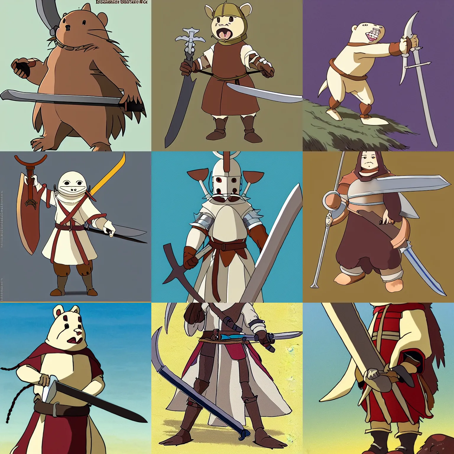 Prompt: character design for medieval holy crusader crusader, anthropomorphic beaver, anthropomorphic beaver, holding enormous greatsword, beloved, studio ghibli, studio ghibli