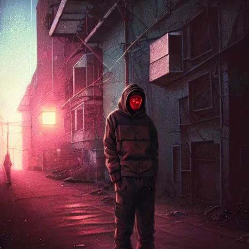 Prompt: A portrait of a cyberpunk teen gopnik on the street of a Soviet slum on the Moon, under a black sky, blinding lights, Neo Norilsk, sci-fi, fantasy, intricate, very very beautiful, elegant, highly detailed, digital painting, artstation, concept art, smooth, sharp focus, illustration, art by artgerm and greg rutkowski and alphonse mucha