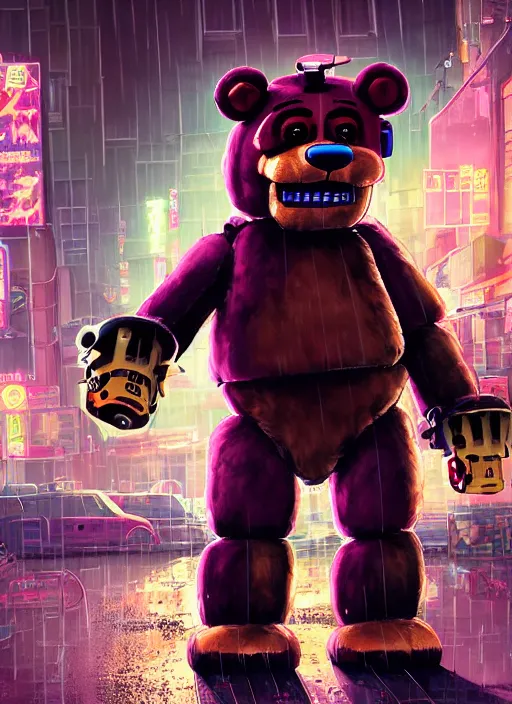 Image similar to character portrait of Freddy Fazzbear from Five Nights at Freddy's in a cyberpunk city at night while it rains. hidari, color page, tankoban, 4K, tone mapping, Akihiko Yoshida. Nomax, Kenket, Rukis. comic book style, photorealistic, professional lighting, hyperdetailed, high resolution, high quality, dramatic, deviantart, artstation, 4k, real photo