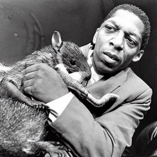 Prompt: john coltrane snuggling a giant rat