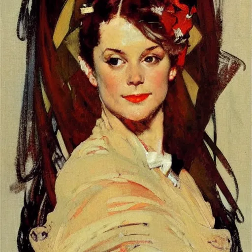 Prompt: abstract portrait of a beautiful woman by norman rockwell, greg manchess, mucha