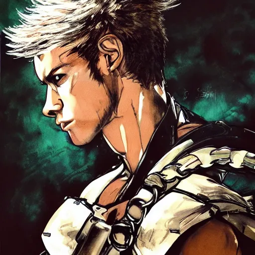 Image similar to full portrait of a young white hero using his right arm to hold his sword covering his eye by yoji shinkawa, high quality, extra details, realism, ornate, colored, golden chain, blood, white skin, short hair, brown eyes, vivid, sunlight, dynamic, american man, freedom, white american soldier, painting, cybernetics, military