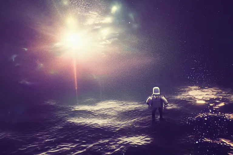 Prompt: astronaut underwater in the ocean at night, volumetric lighting, glowing lights, 4k, octane, unreal engine,