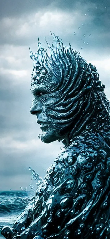 Prompt: creature made of water, made of liquid, rising up from ocean, water armor, high detail, high contrast, medium close up portrait, studio lighting, stormy seas, beautiful, bokeh, snowy, storm clouds, god rays, d & d, fantasy, elegant, aquamarine color palette, concept art, roger deakins and greg rutkowski and alphonse mucha