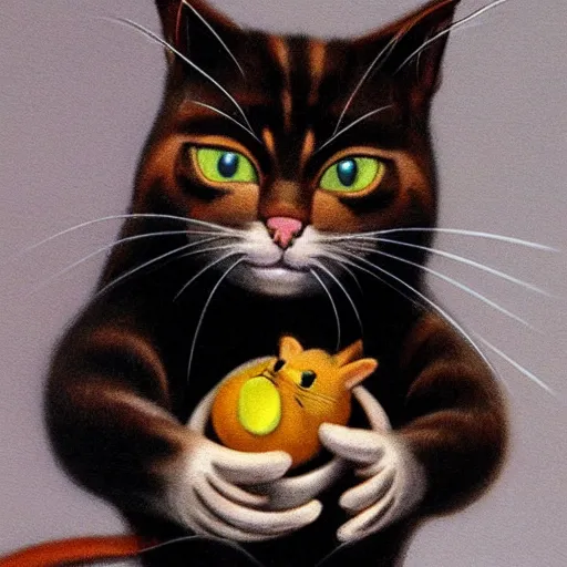 Image similar to hyper realistic tom the cat clutching jerry the mouse, both looking directly at the camera with bloodshot eyes