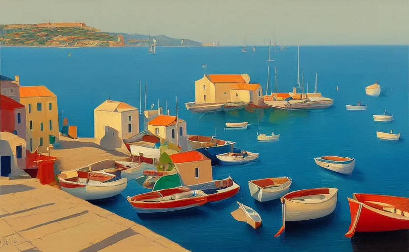 Prompt: A painting of a Mediterranean fishing village, azure blue sea, boats, peaceful, beautiful, in the style of Michiel Schrijver