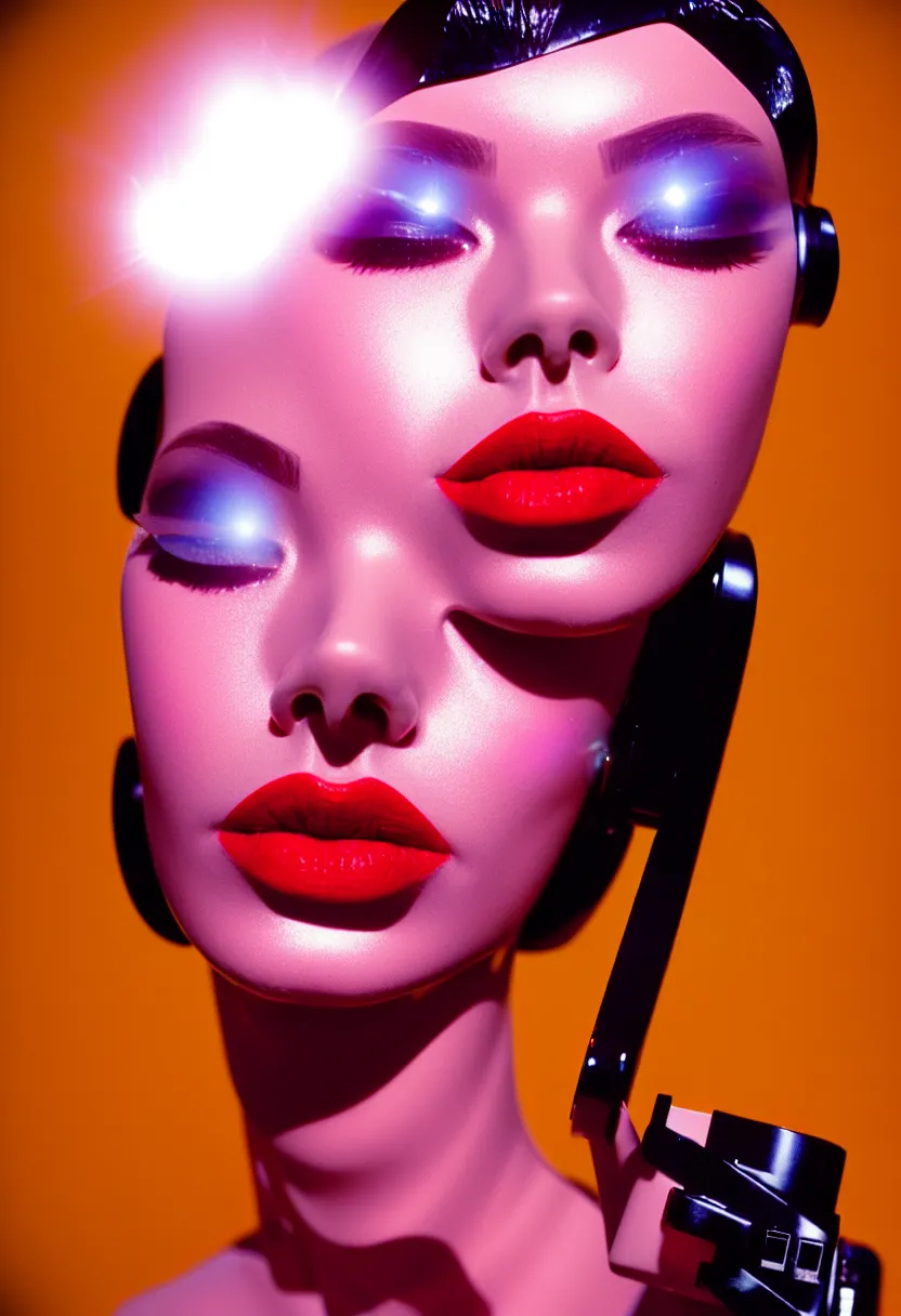 Image similar to medium format fashion shot, photograph of alluring female robot looking into camera, eye closed, red lipstick, sharp focus, kodak ektachrome, chromatic abberations, as fashion editorial 90s, lens flare, 85 mm lens f/1.2