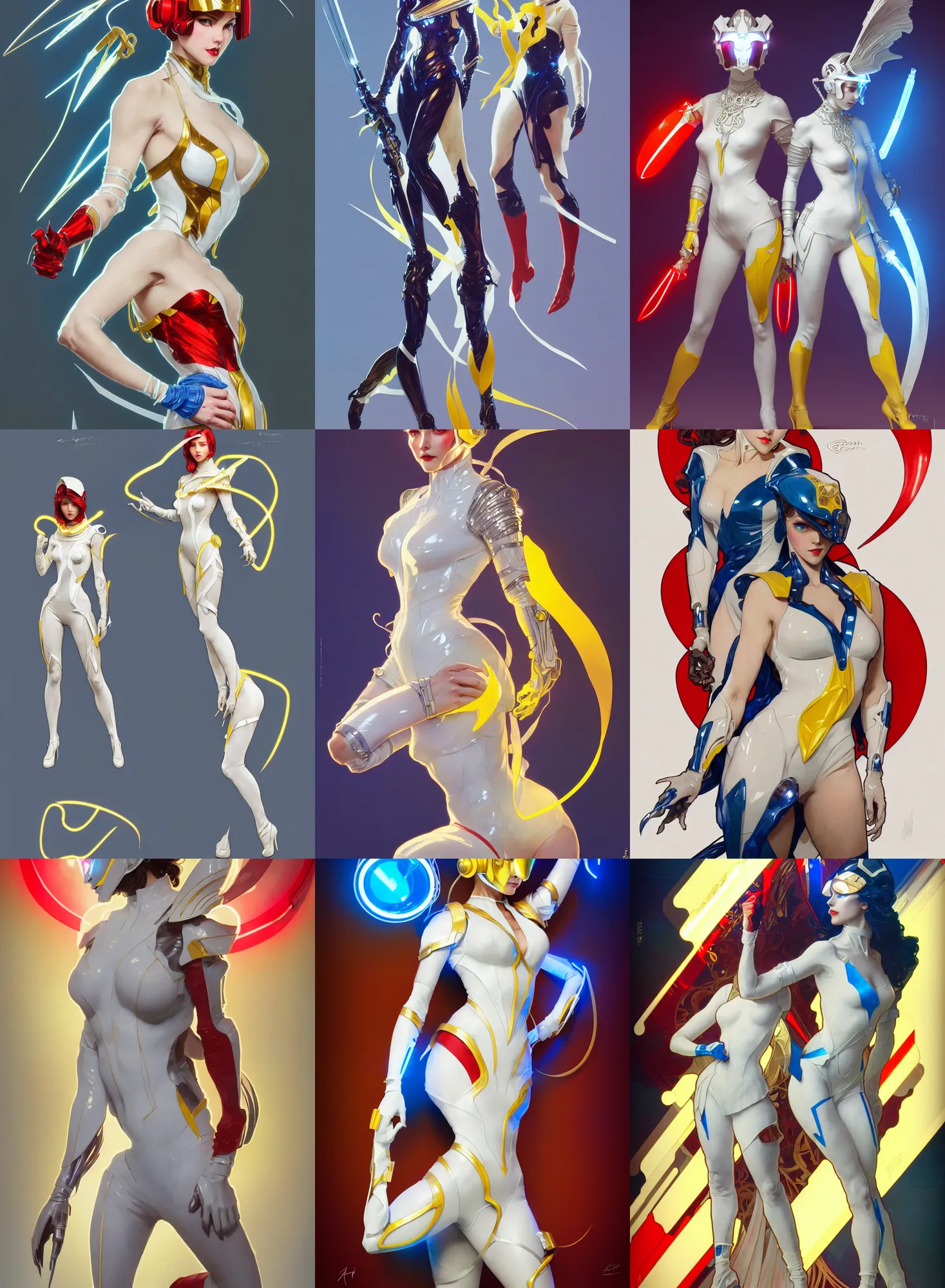 Image similar to a full body character design by artgerm, greg rutkowski and alphonse mucha. sci - fi dagger. laser white and yellow tape and red translucent plastic tape project show attctive showgirl!! sci - fi helmet electric blue eyes!! sharp edges. contour light effect!! ultra detailed, elegant, intricate, octane render.