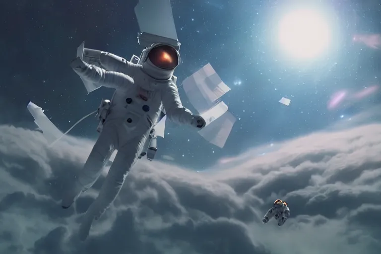 Image similar to astronaut chasing a distant spaceship Anime, wide angle, fine details, cinematic. galaxy starscape. realistic shaded lighting by Ilya Kuvshinov Giuseppe Dangelico Pino and Michael Garmash and Rob Rey greg rutkowski, octane render, IAMAG premiere, aaaa achievement collection, elegant freckles, cinematic hologram, fabulous, daily deviation, annual award winner