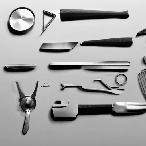 Image similar to drawing of innovative concept kitchen tools by Japanese engineers, blade runner style, 3d, photorealism