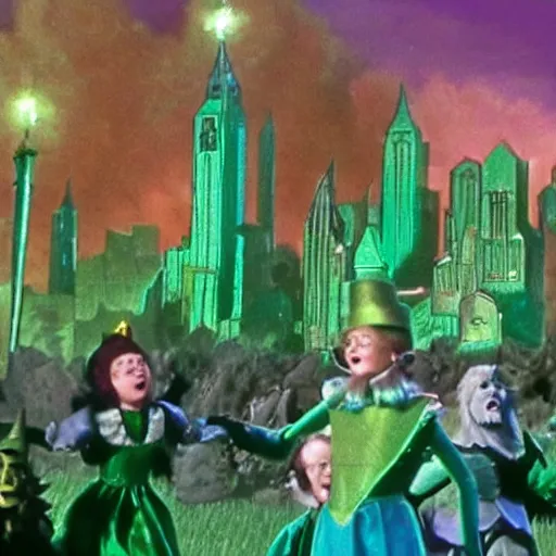 Image similar to emerald city from the wizard of oz being stormed by trump supporting munchkins,