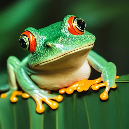 Prompt: photo of frog wearing a leaf on its head in the shape of fedora, kodak portra 4 0 0 color negative film