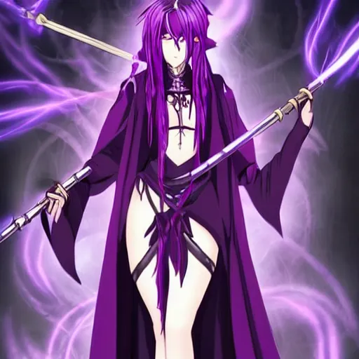 Image similar to an attractive anime female necromancer mage symmetrical, donned in black cloak with purple staff full body in frame