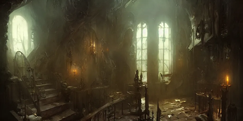 Image similar to dark sinister house interior by Bastien Lecouffe-Deharme and Charles Bowater, Greg Rutkowski, adventure game, inspired by Diablo concept art