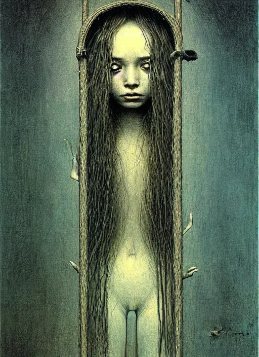 Prompt: girl with long hairs inside birdcage by Beksinski