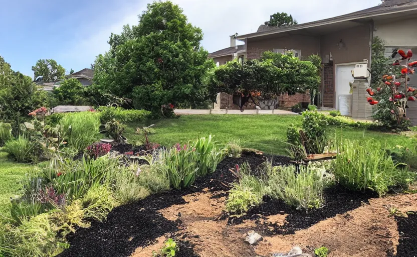 Prompt: suburban house and yard with small volcano erupting in the yard