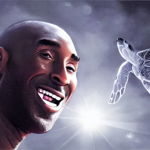 Image similar to kobe bryant kissing a giant turtle in heaven, photorealistic, side view, amazing digital art, amazing detail, fantasy art, artstatiom, cgsociety, epic art