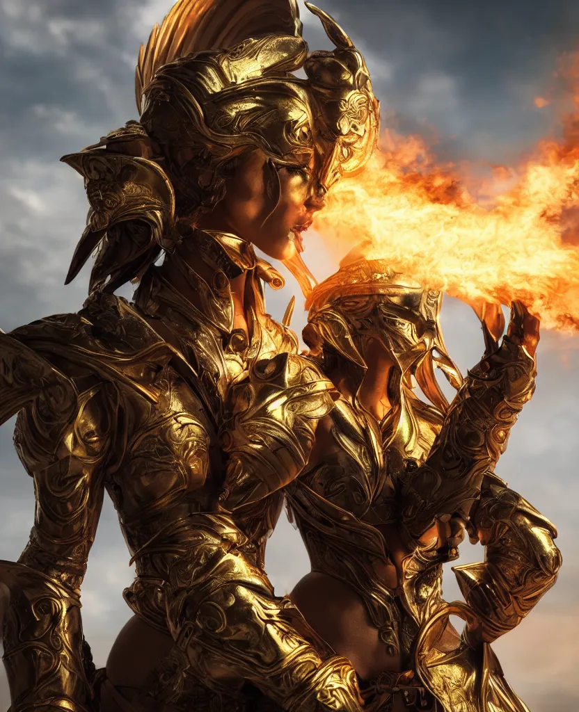 Prompt: Profile shot of a fiercely beautiful woman in golden angelic battle armor wielding a flaming sword, cinematic, epic, 4k, stylized, realism