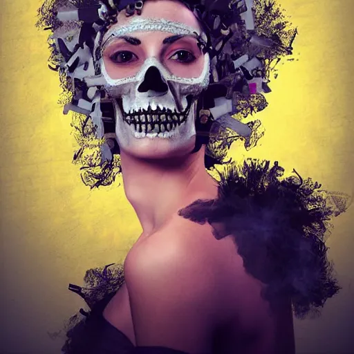 Image similar to full body potrait of a woman. woman is wearing a crown made of cigarettes. Woman is wearing a skull mask. Smoke effects forms question mark. Digital painting. Art station. Mood lighting. - h 1200