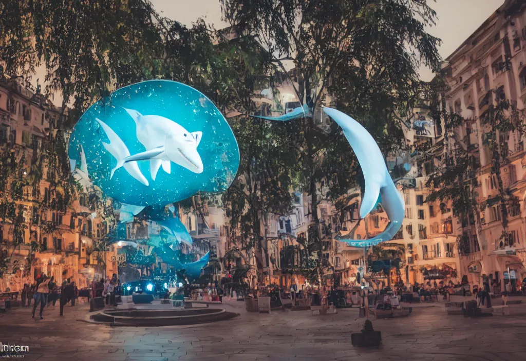 Image similar to 3 d 🦈 popping out of curved screen, town square, volumetric lighting, bokeh, creterion collection, shot on 7 0 mm, instax