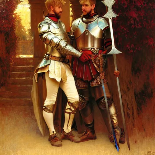 Image similar to attractive arthur pendragon and his attractive male knight, they are in love, natural lighting, path traced, highly detailed, high quality, digital painting, by gaston bussiere, craig mullins, alphonse mucha j. c. leyendecker